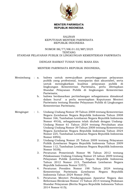 Keputusan Menteri Pariwisata Republik Indonesia Nomor SK/77/HK.01.02/MP/2025 Tentang Standar Pelayanan Publik di Lingkungan Kementerian Pariwisata
